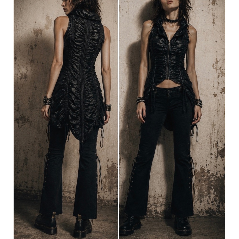 LIP SERVICE Vintage 90s Y2K Ruched Zip Front Gothic Industrial Longline Vest